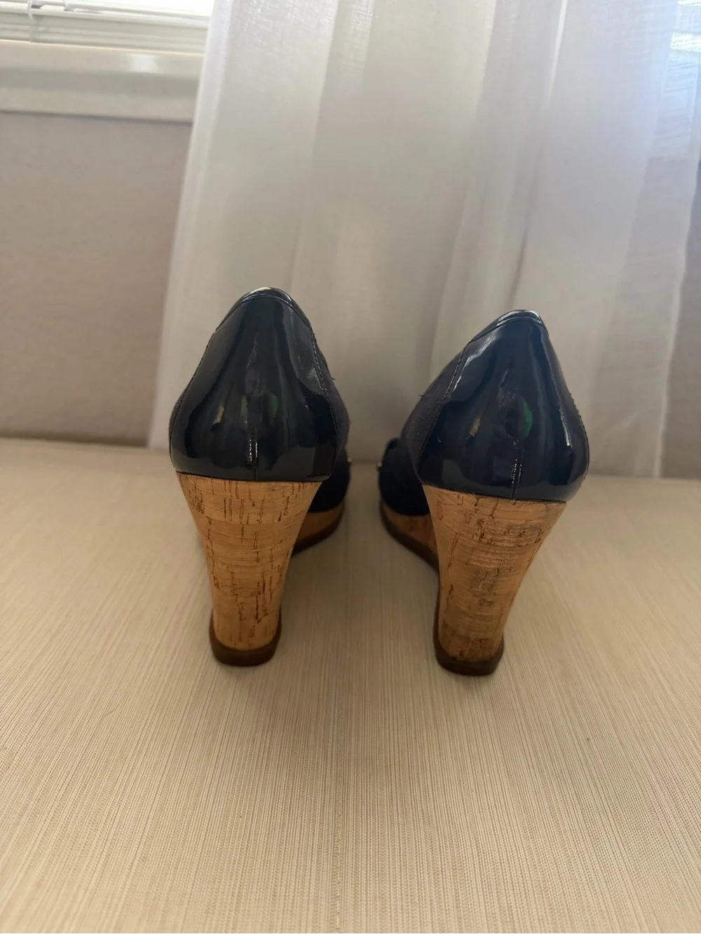 Sperry Top-Sider Black Peep-Toe Bow Cork Wedge Heels | 8.5